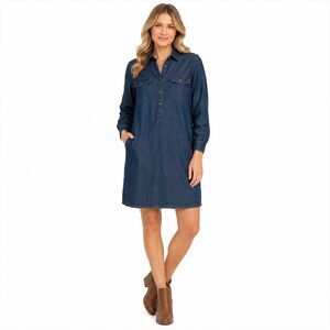 Long Sleeve Denim Shirt Dress in Dark Blue